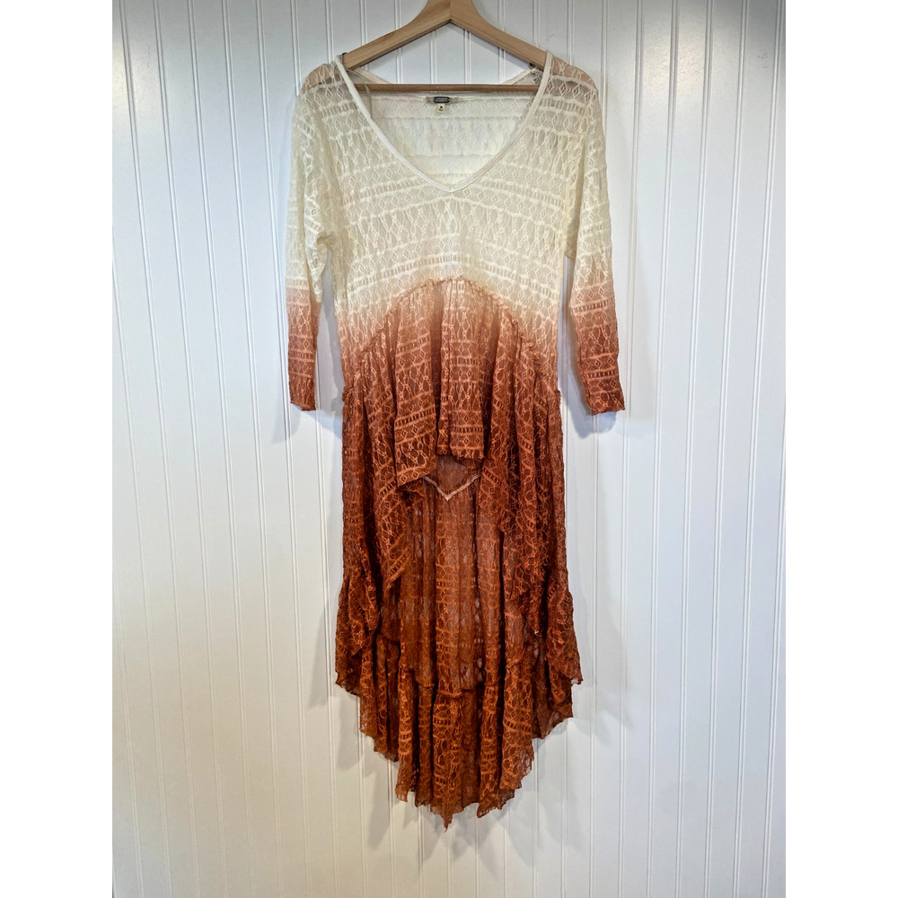 Gimmicks BKE Lagenlook Blouse Women's M Lace Ombre Hi Lo Ruffled Sheer Tunic
